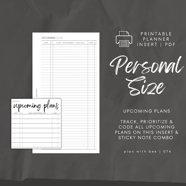 074 | Upcoming Plans Insert & Sticky Note | Printable Planner Insert | Printable Sticky Note | PERSONAL | Plan With Bee | Instant Download