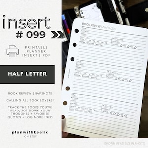 099 | 書評スナップショット | 印刷可能なプランナー挿入物 | ハーフレター | Plan With Bee | すぐにダウンロード