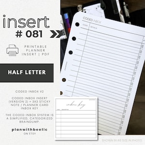 081 | Coded Inbox Version 2 | Coded Inbox Insert + Sticky Note Key | Printable Insert | HALF LETTER | Plan With Bee | Instant Download