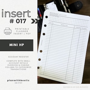 017 | アカウント台帳 | コード付き/詳細アカウント台帳 | 印刷可能なプランナー挿入物 | MINI HP | Plan With Bee | すぐにダウンロード