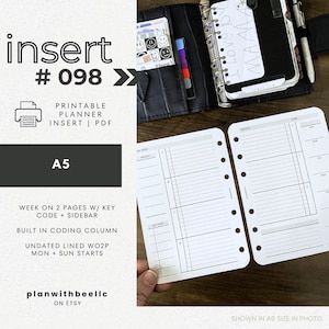 098 | WO2P w/ Key Code | Sidebar | Undated Weekly | Sun & Mon Starts | Printable Planner Insert | A5 | Plan With Bee| Instant Download