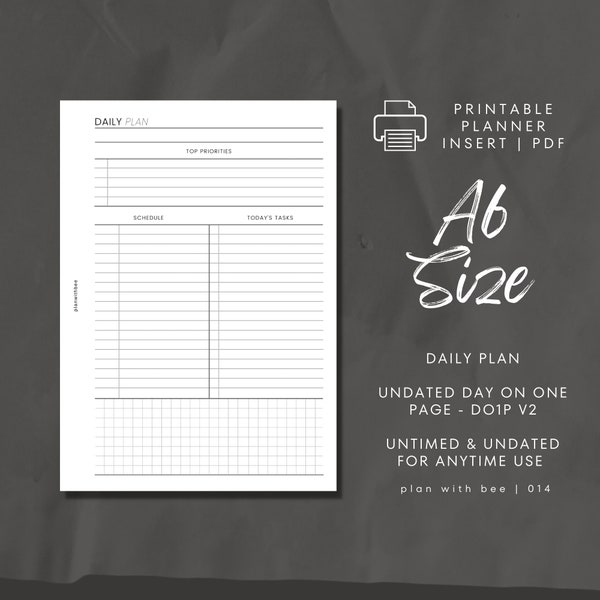 014 | Daily Plan | Day On One Page | Undated & Untimed DO1P | Printable Planner Insert | A6 | Plan With Bee | Instant Download