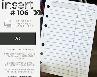 106 | Journal de suivi général | Lignes larges | Traqueur vertical | Encart d'agenda imprimable | A5 | Planifiez avec Bee | Téléchargement instantané