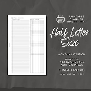 002 | Monthly Extension | Monthly Tracker & Tasks | Printable Planner Insert | HALF LETTER | Plan With Bee | Instant Download