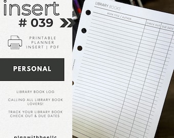 039 | Library Books Log | Check Out & Due Dates | Printable Planner Insert | PERSONAL | Plan With Bee | Instant Download