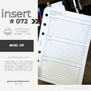 072 | 分類されたマルチリスト | コード付きリスト | 印刷可能なプランナー挿入物 | MINI HP | Plan With Bee | すぐにダウンロード