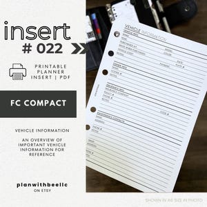 022 | Vehicle Information Overview | Printable Planner Insert | FCC | Plan With Bee | Instant Download
