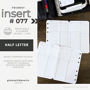 077 | 週間概要折り込み | スケジュール + コード化されたタスク | 日付なし | 日曜・月曜開始 | 印刷可能 | ハーフレター | プランウィズビー | すぐにダウンロード