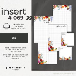 069 | Bold Wildflower Notes Bundle | Floral Grid Notes & Sticky Notes | Printable Planner Insert | A5 | Plan With Bee | Instant Download