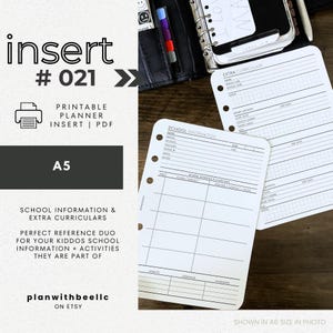 021 | School Information & Extra Curriculars | Printable Planner Insert | A5 | Plan With Bee | Instant Download
