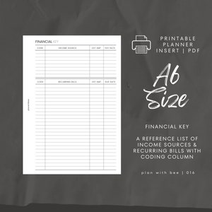 016 | Financial Key | Coded Finances | Recurring Bills & Income | Printable Planner Insert | A6 | Plan With Bee | Instant Download