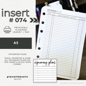 074 | Upcoming Plans Insert & Sticky Note | Printable Planner Insert | Printable Sticky Note | A5 | Plan With Bee | Instant Download