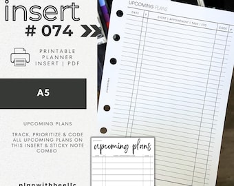 074 | Upcoming Plans Insert & Sticky Note | Printable Planner Insert | Printable Sticky Note | A5 | Plan With Bee | Instant Download