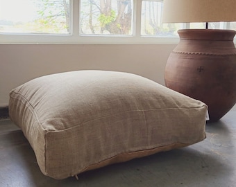 Natural linen cru floor seats, floor cushions, minimal design ottoman pouf