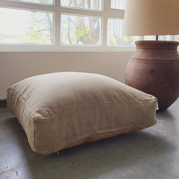 Natural linen cru floor seats, floor cushions, minimal design ottoman pouf