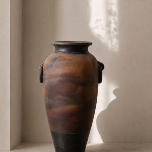 Puede incluir: Un jarrón alto de estilo antiguo, con una combinación de colores marrón oscuro y negro. El jarrón tiene un cuerpo ancho, un cuello estrecho y dos asas pequeñas. La base es negra y la parte superior es marrón.