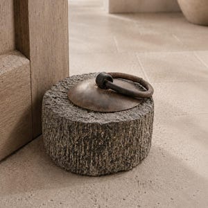 May include: A cylindrical doorstop made of dark gray, rough-textured stone. The top features a smooth, circular, dark brown metal plate with a thick, weathered metal ring handle attached to the center, providing a functional grip for movement.