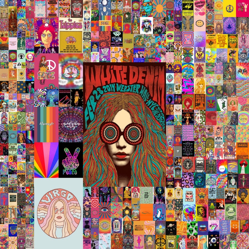 Hippie Wall Collage Kit Indie Room Decor Vintage Hippie Etsy