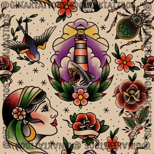 Trad tatouage flash dessins répéter sans couture motif papier peint emballage motifs tissu carte numérique utilisation art peinture fond traditionnel