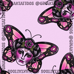 Girly Pink Butterfly Lady Head Tattoo Flash Seamless Pattern, Repeat Design (Digital Download)