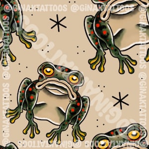May include: A repeating pattern on a beige background featuring green frogs with yellow eyes and red spots. The frogs are depicted in a stylised manner with black outlines. Small black star-like symbols and dots are scattered between the frogs.