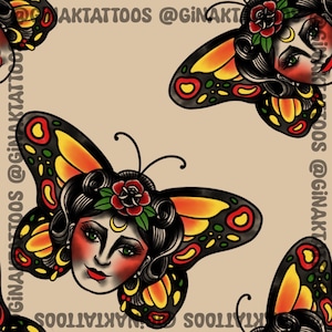 Puede incluir: Una ilustración de patrón repetitivo que presenta alas de mariposa unidas a un rostro humano con cabello oscuro, una rosa roja y una luna creciente amarilla en la frente. Las alas son negras, amarillas y rojas. El texto GINAKTATTOOS es visible.