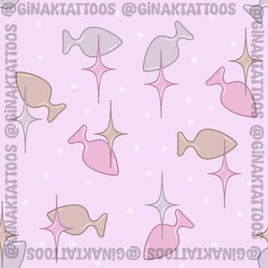 Puede incluir: Un patrón sin costuras con formas de peces rosas, morados y marrones con estrellas brillantes sobre un fondo morado claro.