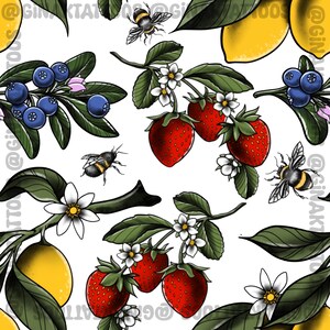 Fruits citron fraise abeille myrtille dessins répéter modèle sans couture papier papier peint tissu carte utilisation numérique art peinture fond site web