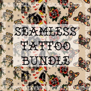 Puede incluir: Un patrón digital con motivos de tatuajes tradicionales que incluyen ranas verdes, panteras negras, rosas rojas con dagas y rostros con alas de mariposa sobre un fondo beige. El texto SEAMLESS TATTOO BUNDLE está centrado en color negro.