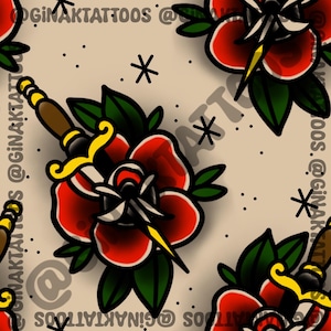 Puede incluir: Un patrón repetitivo que muestra una rosa roja atravesada por una daga con empuñadura amarilla y mango marrón, rodeada de hojas verdes y pequeños detalles de estrellas negras sobre un fondo beige claro, con el texto @GINAKTATTOOS.