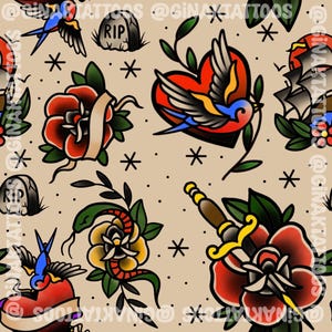 Trad tatouage flash dessins répéter sans couture motif papier peint emballage motifs tissu carte numérique utilisation art peinture fond traditionnel