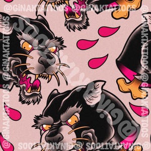 May include: A repeating pattern illustration featuring black panthers with yellow eyes, bared teeth, and pink tongues. The design includes scattered pink petal shapes on a light pink background. The text @GINAKTATT00S is overlaid repeatedly.