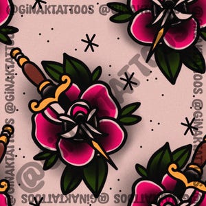 May include: A repeating pattern illustration featuring a dagger piercing a vibrant magenta flower with dark green leaves. The design includes small black star accents and the text @GINAKTATTOOS repeated across a light pink background.