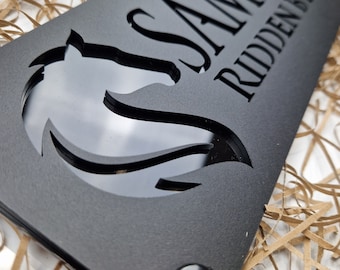 Horse Stable Name Sign, Classy New Laser Cut Design Matt Black with Black Gloss Text, Customisable Door plate, personalised gift horse lover