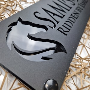 Horse Stable Name Sign, Classy New Laser Cut Design Matt Black with Black Gloss Text, Customisable Door plate, personalised gift horse lover