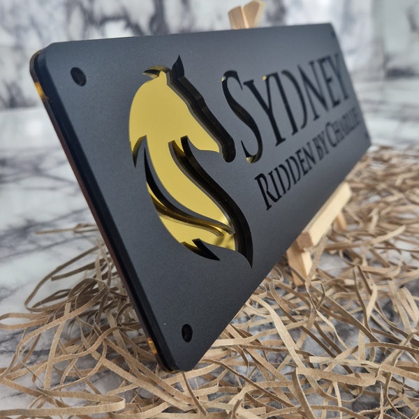 Horse Stable Name Sign, Classy New Laser Cut Designs Black with Gold Text, Customisable Door plaque, personalised gift horse lover