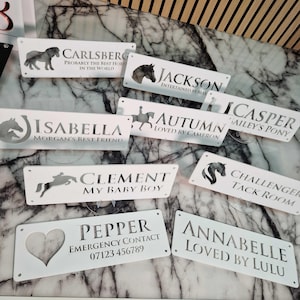 Pode incluir: Letreiros de metal branco com silhuetas de cavalos e texto personalizado. Os letreiros apresentam nomes como "Isabella", "Clement", "Pepper" e "Annabelle". Alguns letreiros incluem detalhes adicionais como "Morgan's Best Friend", "My Baby Boy" e "Loved by Lulu".