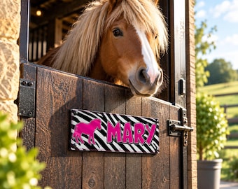 Horse Stable Name sign in Eyecatching Black and white Zebra Design with Pink Writing