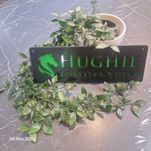 May include: A rectangular black metal sign featuring a cutout horse head silhouette on the left and the text "HUGHIE" above "LOVED BY SASHA" in a green font. The sign has small circular mounting holes in each corner and is surrounded by green foliage.