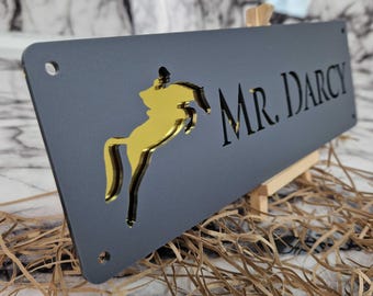 Laser Cut Horse Stable Name Sign, Anthracite Matt Gold Mirror Text Stall Barn