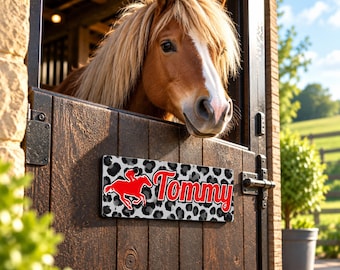 Horse Stable Name sign in Grey Leopard Print Design with Red Writing