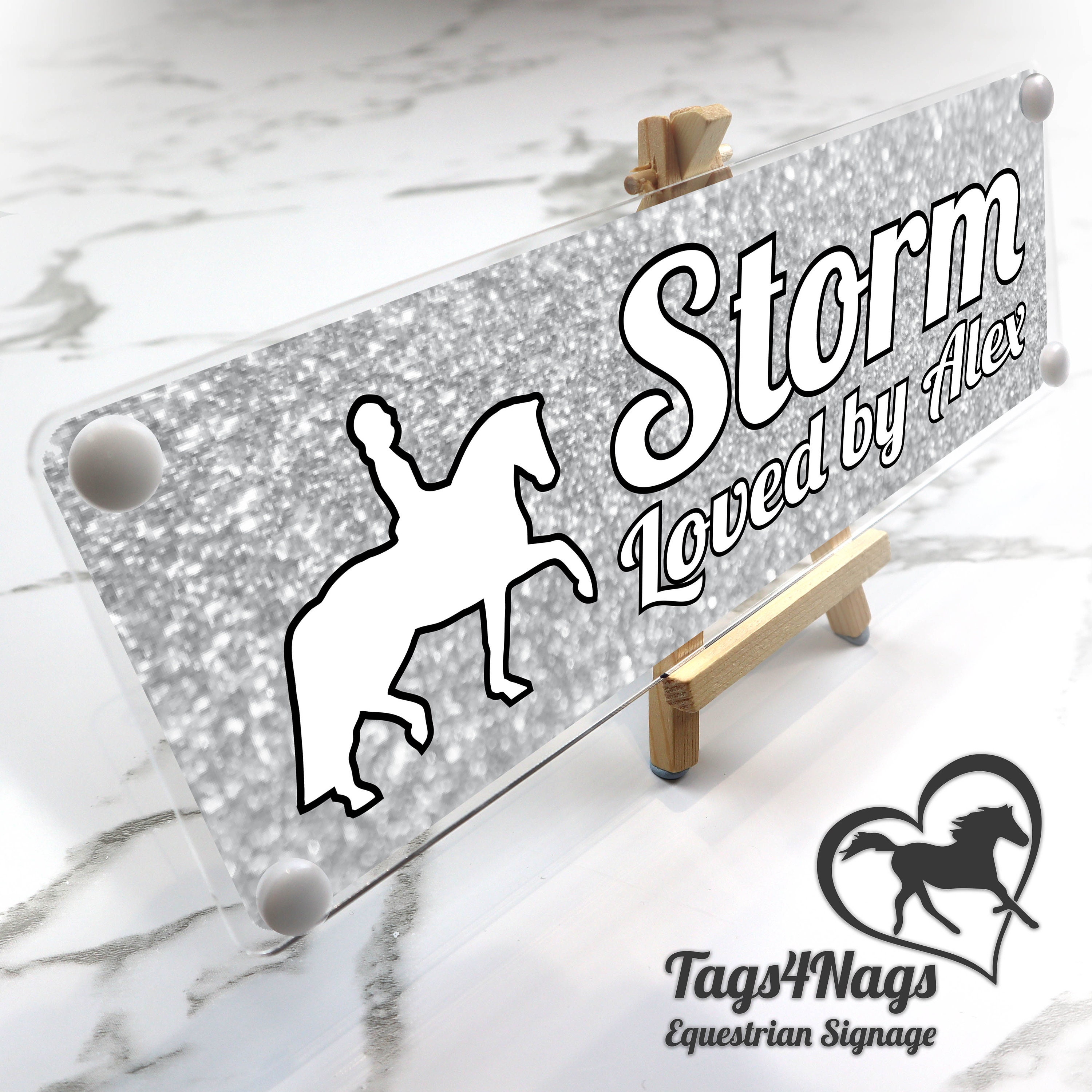 Sparkle horse name sign weather resistant same day despatch silver and white FREE UK postage, fun gift for ALL! Best quality perspex.