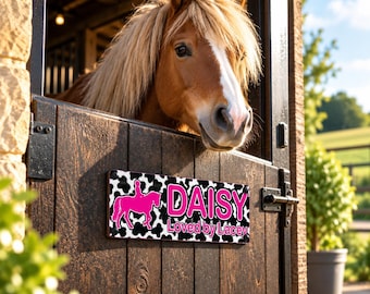 Horse Stable Name sign in Fun Cow print Design with Hot Pink Writing