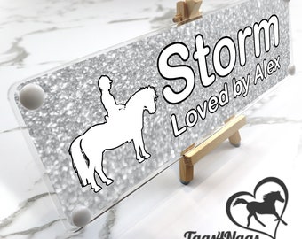 Personalised Horse Stable Plaque Sparkly silver glitter effect & white, Horse birthday gift, Weather proof, Brightly coloured, pony gift