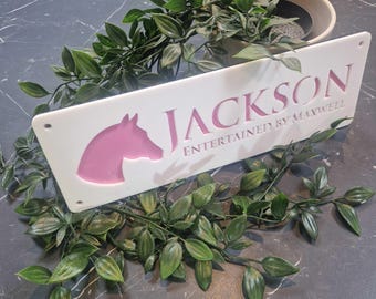 Customisable Horse Stable Name Sign, White with Pink Lettering, Laser Cut Door Plaque