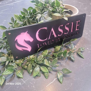 May include: A rectangular black sign featuring a cutout horse head silhouette and the text CASSIE LOVED BY FIBHILIN in pink lettering. The sign has small circular holes in each corner for mounting and is positioned against a green leafy plant.