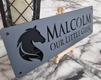 Laser Cut Horse Stable Name Sign, Matt Anthracite Gloss Black Stall Plate