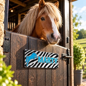 May include: A rectangular name sign mounted on a dark wooden stable door, featuring a black and white zebra stripe pattern, a bright blue silhouette of a jumping horse, and the name MARTY in bold blue letters with a black outline.