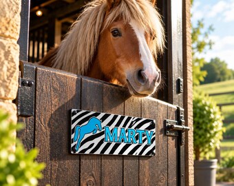 Horse Stable Name sign in Funky Black and white Zebra Design with Blue Writing