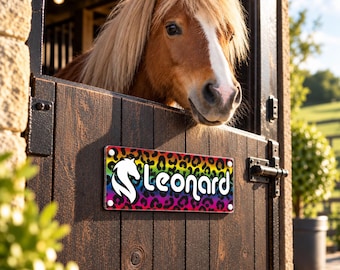 Horse Stable Name sign in Our New Rainbow Leopard Print Design